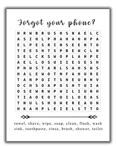 Book Cover Funny Bathroom Word Search Puzzle Wall Art Print - 11x14 UNFRAMED Black and White Saying Decor Printed on Photographic Paper. “Forget Your Phone?”