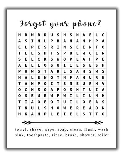 Funny Bathroom Word Search Puzzle Wall Art Print - 11x14 UNFRAMED Black and White Saying Decor Printed on Photographic Paper. “Forget Your Phone?”