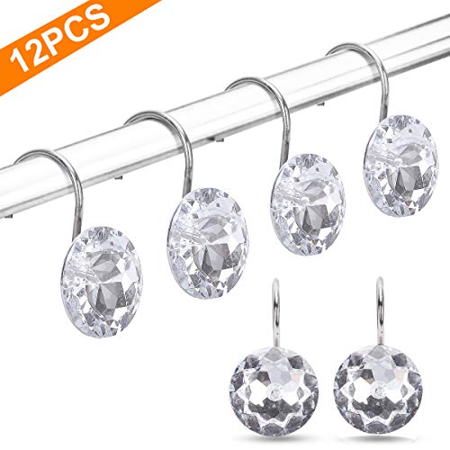 Book Cover 12PCS Shower Curtain Hooks Rings for Bathroom, Decorative Resin Shower Curtain Hooks Rods Curtains and Liner- Crystal (Clear)