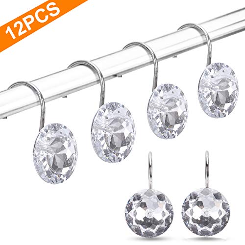 12PCS Shower Curtain Hooks Rings for Bathroom, Decorative Resin Shower Curtain Hooks Rods Curtains and Liner- Crystal (Clear)
