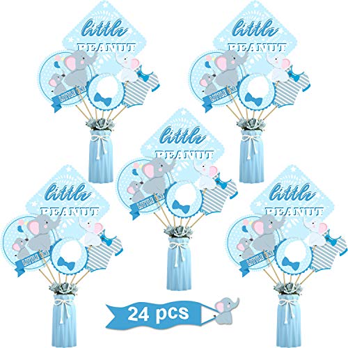 Blue Elephant Boy Baby Shower Birthday Party Decoration Blue Elephant Centerpiece Sticks Table Toppers for Boy Birthday Party Supplies, Double Side Printed, 24 Pack