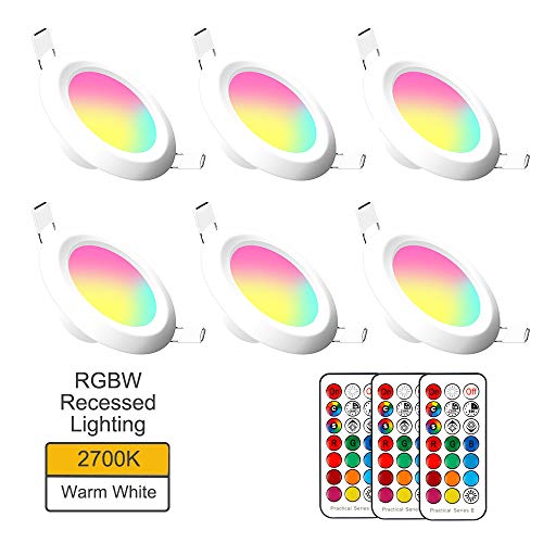 Recessed Lighting RGB & Warm White 2700K, 6 Pack 3 Inch Recessed Downlight 5W 400W Eqv. 400 Lumens Dimmable by IR Remote Control, Dual Memory - Timer - 12 Color Choices - 2 Modes, IR Remote Control In