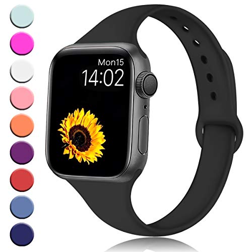 R-fun Slim Bands Compatible with Apple Watch Band 40mm Series 4 38mm Series 3/2/1, Soft Silicone Sport Strap Wristband for Women Men Kids with iWatch, Black
