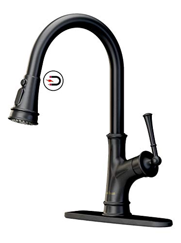 APPASO Matte Black Pull Down Kitchen Faucet with Magnetic Docking Sprayer and Soap Dispenser - Single Handle High Arc Single Hole Pull Out Kitchen Sink Faucets with Deck Plate