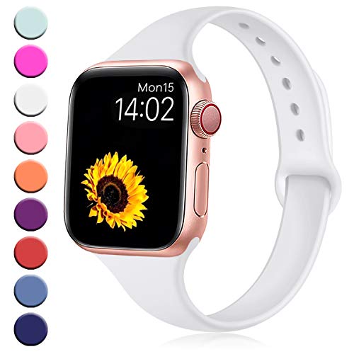 Book Cover R-fun Slim Bands Compatible with Apple Watch Band 40mm Series 5/4 38mm Series 3/2/1, Soft Narrow Thin Silicone Sport Strap Wristband for Women Girl Kids with iWatch, White