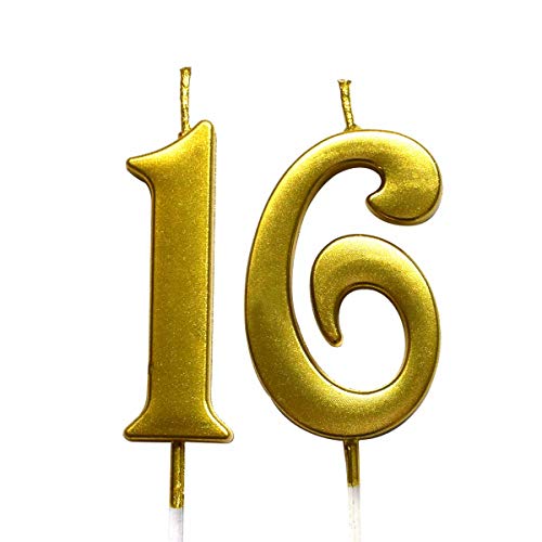 Gold 16th Birthday Numeral Candle, Number 16 Cake Topper Candles Party Decoration for Girl Or Boy