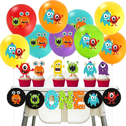 Cartoon Monster Theme First Birthday Party Decorations Banner Monster 1st Birthday Decorations Balloons Little Monsters Cupcake Toppers for Boys Bday Party Supplies