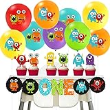 Cartoon Monster Theme First Birthday Party Decorations Banner Monster 1st Birthday Decorations Balloons Little Monsters Cupcake Toppers for Boys Bday Party Supplies