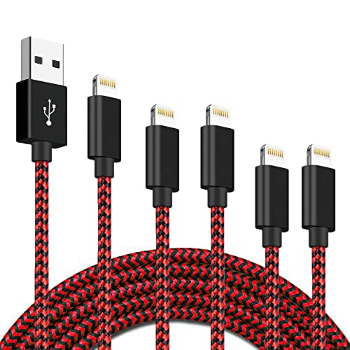 5Pack(3ft 3ft 6ft 6ft 10ft) iPhone Lightning Cable Apple Certified Braided Nylon Fast Charger Cable Compatible iPhone Max XS XR 8 Plus 7 Plus 6s 5s 5c Air iPad Mini iPod (red+Black)