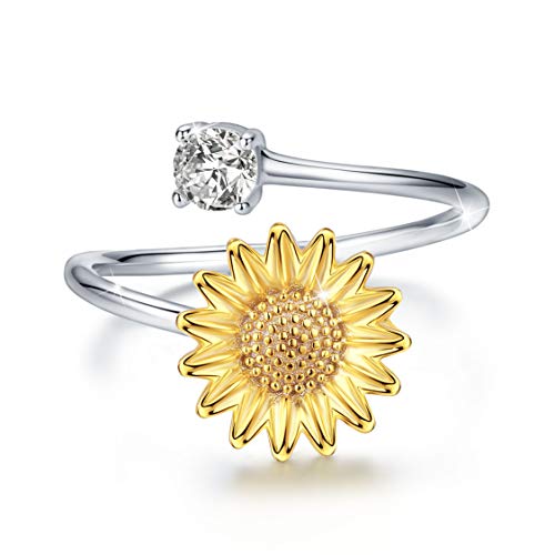 JUSTKIDSTOY Sterling Silver Adjustable Sunflower Flower Ring Open Band with Cubic Zirconia Stacking Finger Thumb Rings Jewelry for Women