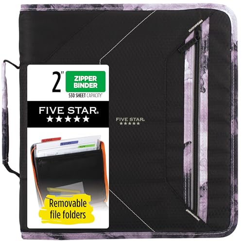 Five Star Zipper Binder, 2 Inch 3 Ring Binder, Removable File Folders, Durable, Black/Gray (29036IT8)