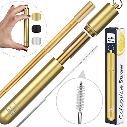 Culinwise Reusable Collapsible Stainless Steel Straw - Metal Drinking Straw with Portable Aluminum Travel Case Silicone Tip Retractable Cleaning Brush and Keychain - Eco Friendly (Gold)