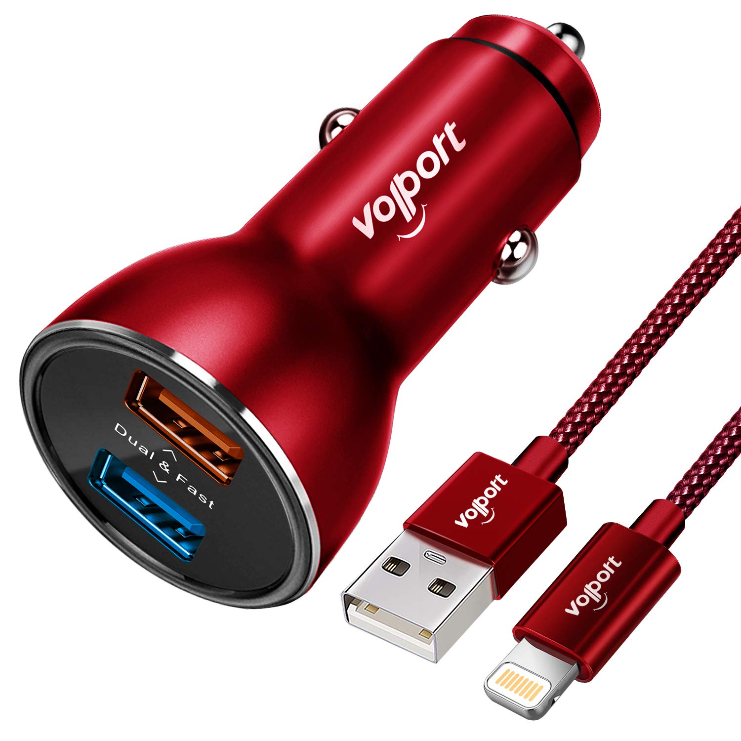 VOLPORT Car iPhone Charger with MFi Certified Lightning Cable Compatible iPhone 11 Pro Max XR XS MAX X 8 Plus 7 6S, Fast Dual 3A 39W USB Car Charger with 3.3FT Braided Quick Charge Lightning Cord