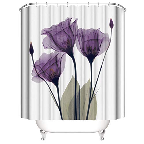 Muuyi Tulip Shower Curtain Set with Hooks - White Shower Curtains for Bathroom Fabric - Farmhouse Shower Curtain Waterproof Purple Flower Bathroom Decor Polyester Bath Curtain 72 x 72 Inches
