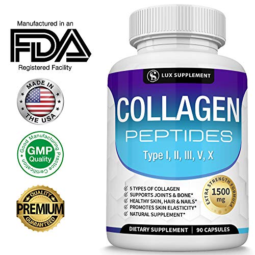 Multi Collagen Peptides Pills 1500 Mg - Type I, II, III, V, X Premium Natural Formula Healthy Skin & Hair, Strong Joint and Anti-Aging, Hydrolyzed Protein, for Men Women, 90 Capsules, Lux Supplement