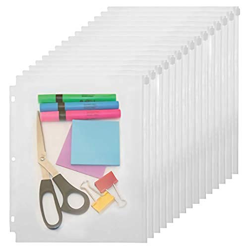 YoeeJob 3 Holes Clear PVC Zipper Binder Pocket Insert Pages Letter Size, 8 1/2"x 11 Loose Leaf Binder Filing Storage Bags 15 Per Pack