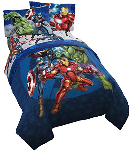 Book Cover Marvel Avengers Blue Circle 5 Piece Full Bed Set - Includes Reversible Comforter & Sheet Set - Bedding Features Captain America & Iron Man - Fade Resistant Microfiber (Official Marvel Product)