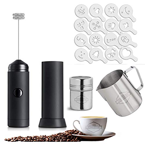 Milk Frother Set,Handheld Electric Foam Maker for Lattes with 12 oz Frothing Cup, Whisk Drink Mixer with Stencils for Coffee, Mini Foamer for Matcha