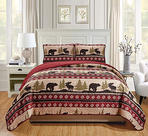 Book Cover Rustic Western Southwestern Bedspread Set with Native American Designs Grizzly Bears and Moose Roaming The Great American Outdoors Pine Forest (Forest Bear - King/Cal-King)