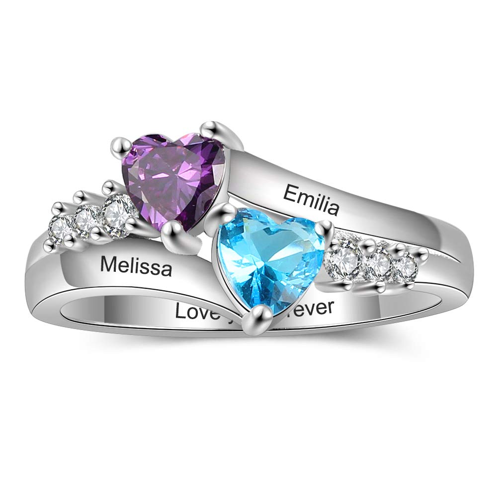 Tian Zhi Jiao Personalized Sterling Silver Mothers Rings with 2 Heart Simulated Birthstones 2 Names Custom Engraved Promise Love Rings for Women 9