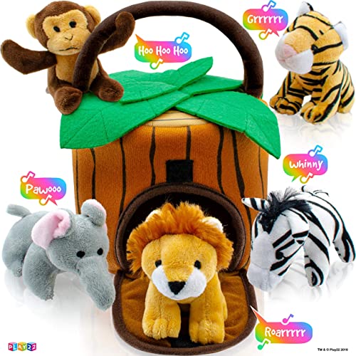 Play22 Plush Talking Stuffed Animals Jungle Set - Plush Toys Set with Carrier for Kids Babies & Toddlers - 6 Piece Set Baby Stuffed Animals Includes Stuffed Elephant, Tiger, Lion, Zebra, Monkey