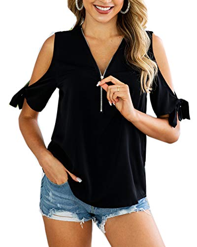 TOPUSH Women's Cold Shoulder Zipper Front Deep V-Neck T-Shirt Casual Blouse Loose Top Short Sleeve Tee