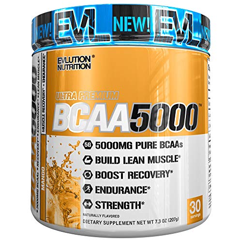 Evlution Nutrition BCAA5000 Powder 5 Grams of Premium BCAAs (30 Servings, Mango)