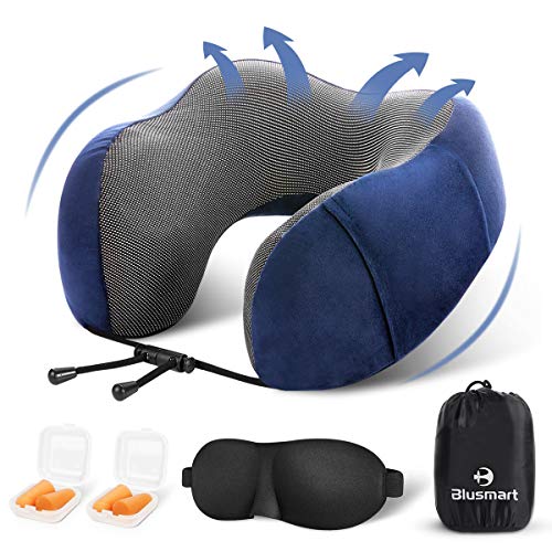 Book Cover Blusmart Travel Pillows for Airplanes, Comfortable & Supportive Memory Foam Neck Pillow for Flight Car Train Office, with A Portable Bag/3D Sleep Mask/Earplugs