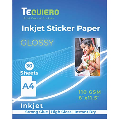 TeQuiero 30 Glossy Inkjet Sticker Paper a4 Size Self Adhesive Photo Sheets 110 GSM - 30 Sheets