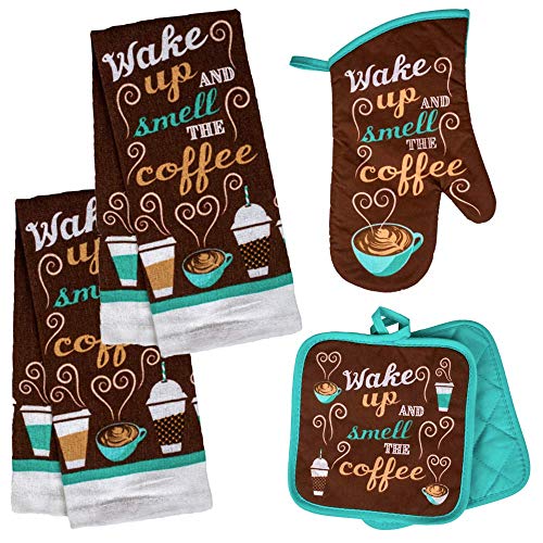 Book Cover Coffee Kitchen Towel Set 'Wake Up and Smell The Coffee' with 2 Quilted Pot Holders, 2 Dish Towels and 1 Oven Mitt