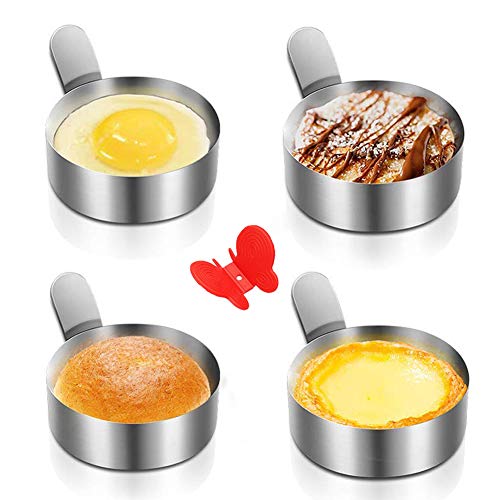 Egg Ring Yubng Stainless Steel Metal Egg Rings 4 Pack 3 Inch Omelet Mold Cooking Non Stick Pancake Ring Metal Kitchen Cooking Tool Egg Ring with Free Butterfly Anti-Scalding Silicone