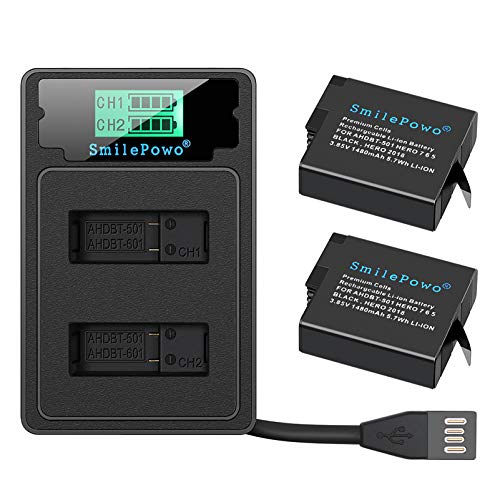 SmilePowo 2PCS Dual 1480mAh Battery,LCD Display USB Charger for GoPro Hero 8 Black，Hero 7 Black, Hero 6 Black,Hero 5 Black,Hero 2018,AHDBT-501(Fully Compatible with Original)