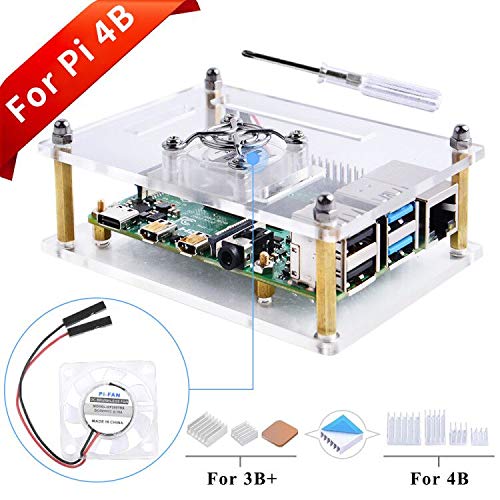 GeeekPi Acrylic Case for Raspberry Pi 4 Model B & Raspberry pi 3 Model B+, Raspberry Pi Case with Cooling Fan and 7PCS Heatsinks for Raspberry Pi 4 Model B/Pi 3B+/ Pi 3B/ 2B (Clear)