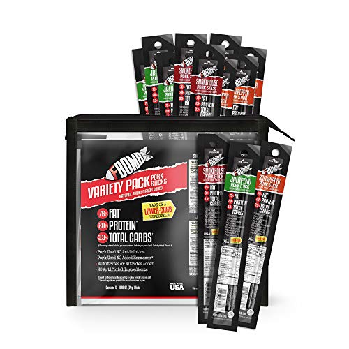 FBOMB Keto Meat Sticks | 100% Natural Pork, No Antibiotics Nitrites or Nitrates, No Added Hormones | Sugar Free, High Protein, Low Carb, Gluten Free, Paleo, Keto Snack Sticks | Variety 12 Pack