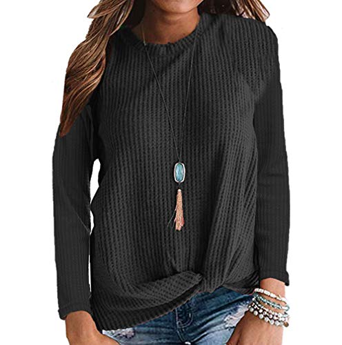 kigod Womens Casual Long Sleeve Knot Waffle Knit Tunic Blouse Cute Twist Shirts Tops (Black, Large)