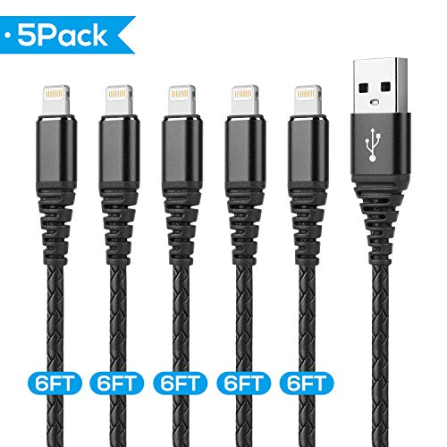 Lightning Cable 6ft, 5 Pack 6 feet iPhone Charger Cable Metal Connector & 6 foot iPhone Cord USB Fast Charging Wire Compatible with iPhone Xs max / xr /x/8/8 Plus/7/7 Plus/6/6 Plus/ 5s