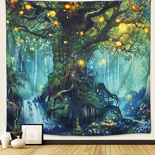 Book Cover Forest Tapestry, Arfbear Nature tree Popular elves Wall Hanging Tapestry Warm green Beach Blanket (medium-59 x 51 in)
