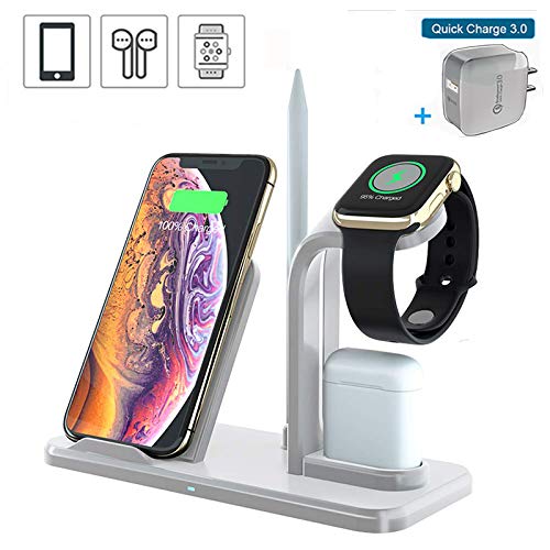 Wireless Charger Stand, Detachable 3 in 1 Wireless Charger, Qi Fast Wireless Charger Fit for Airpods iPhone X/XS/XR/8 Samsung S9 /S7, Charging Dock for iWatch Series 4/3/2/1【QC 3.0 Adapter】
