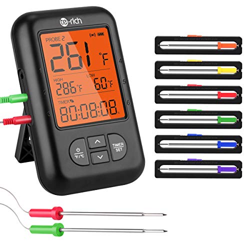 Wireless Meat Thermometer, Te-Rich Bluetooth Digital Food Grill Thermometer [Oven Safe/Timer/App Connected/] with 6 Temperature Probe for Smoker Grilling BBQ Turkey Kitchen Cooking Thermometer