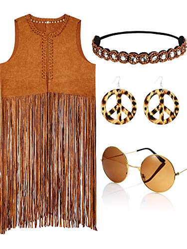 WILLBOND Women Hippie Costume Fringe Vest Faux Suede Tassel Vest for Halloween Cosplay (XL)