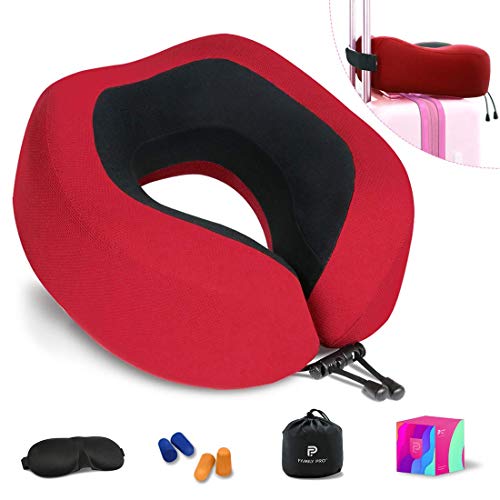 Family Pro Neck Pillow, Breathable & Comfortable Memory Foam Travel Pillow, 360-Degree Head Support U-Shaped Airplane Car Flight Pillow Portable, Accessories Eye Mask and 2 Pair Ear Plugs (Red)