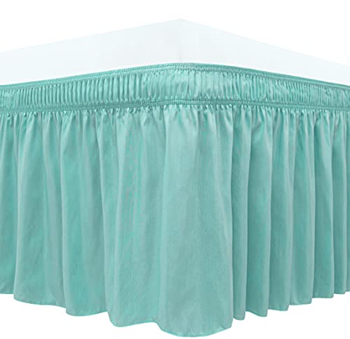 Book Cover Biscaynebay Wrap Around Bed Skirts for Queen Beds 15 Inches Drop, Aqua Elastic Dust Ruffles Easy Fit Wrinkle & Fade Resistant Silky Luxurious Fabric Solid Machine Washable