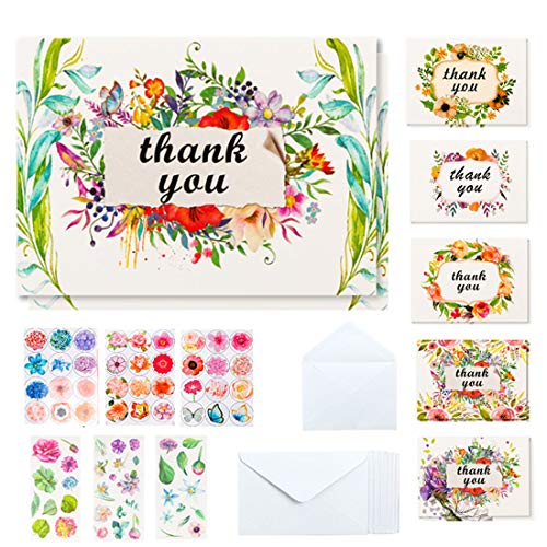 Thank You Cards, 36 Bulk Floral Thank You Notes Greeting Cards with 36 White Envelopes and 6 Bonus Stickers By Feela, Kids Thank You Card Perfect for Baby &Bridal Shower Wedding Graduation Anniversary