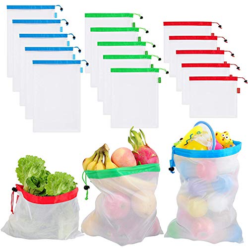 Mesh Reusable Produce Bags, 12 Pack, Small, Medium, Large Sizes, Natural BPA Free Nylon, Shop and Store Vegetables, Fruits, Fresh Foods, Tare Weight Scannable Tags, Easy To Carry & Store
