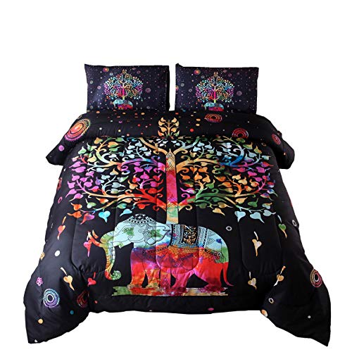 Book Cover Meeting Story 3PC India Bohemian Comforter Bedspread Elephant,with Colorful Tree Boho Mandala Microfiber Quilt Bedding Sets (Black-Multi)
