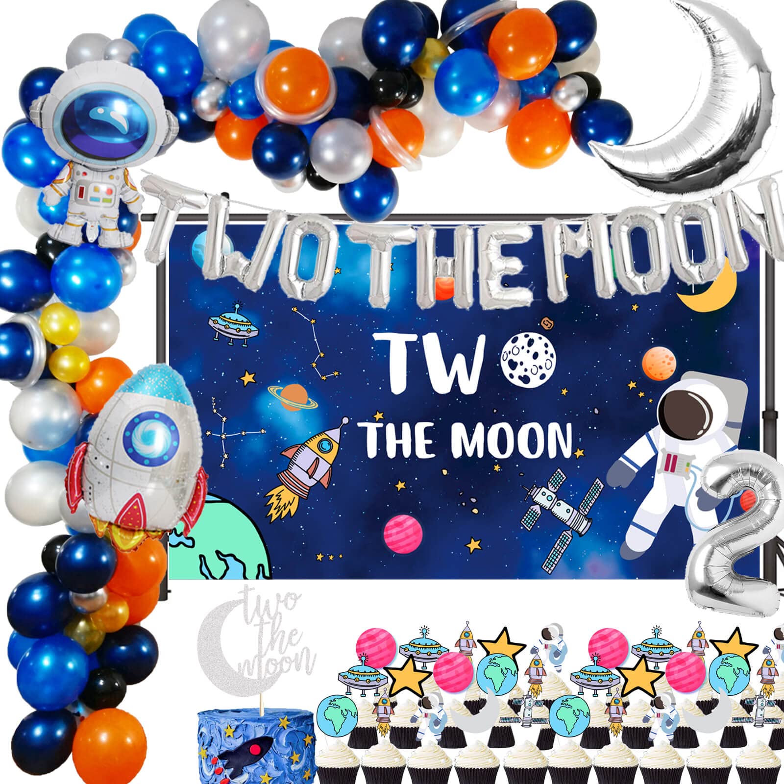 154 PCS Two the Moon 2nd Birthday Party Supplies 5x3 FT Outer Space Photography Backdrop 2 the Moon Balloons Arch Garland Kit for Astronaut Space Man Robot UFO Themed Baby 2nd Bday Party Decorations