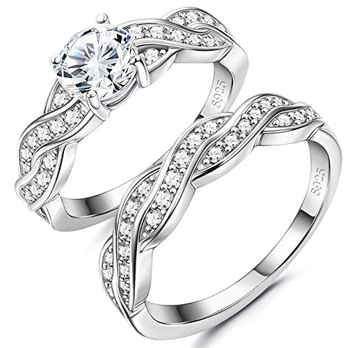 Milacolato 2pcs 925 Sterling Silver Halo Wedding Rings Engagement Bands Promise Rings Bridal Gifts for Women Cubic Zirconia White Gold Plated Size 5-9