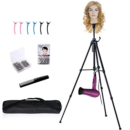 Book Cover Klvied Adjustable Wig Stand Tripod Metal Mannequin Head Stand Wig Head Stand with Counter Weight Hook for Cosmetology Hairdressing Training with Wig Caps, T-Pins, Comb, Hair Clip, Carrying Bag