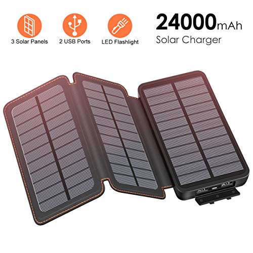 FEELLE Solar Charger 24000mAh, Solar Power Bank with 3 Solar Panels and Dual Fast Charging Outputs, External Battery Pack Outdoor Waterproof Phone Charger for iPhone, Samsung etc