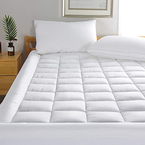 MINCOCO Queen Cotton Mattress Pad Cover Pillowtop Overfilled Cooling Topper with Snow Down Alternative Fill(8-21" Quilted Fitted Deep Pocket)